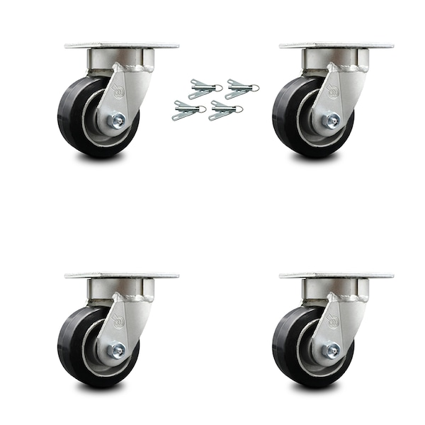 4 Inch Kingpinless Rubber on Aluminum Wheel Swivel Caster Set with Swivel Locks
